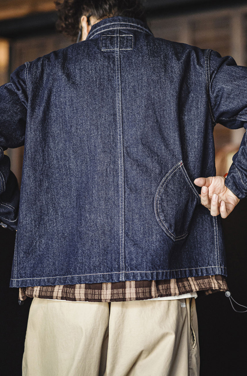 French Workwear Retro Washed Denim Blue Cuban Men's Jacket - Harmony Gallery