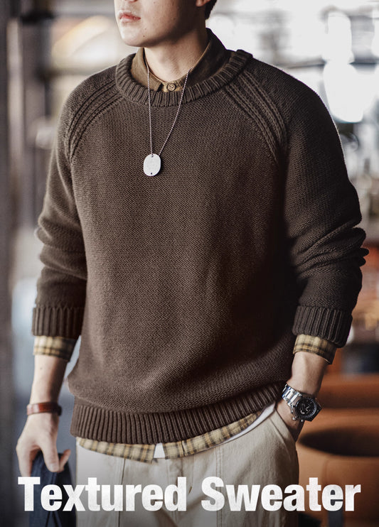 American Retro Heavy Woven Textured Raglan Sleeve Warm Men's Sweater - Harmony Gallery