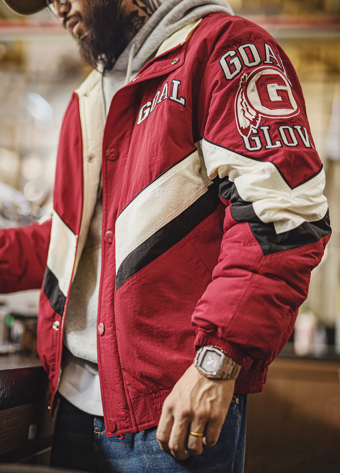 American Patchwork Racing With Red Collar Thickened Warm Cotton Men's Jacket - Harmony Gallery
