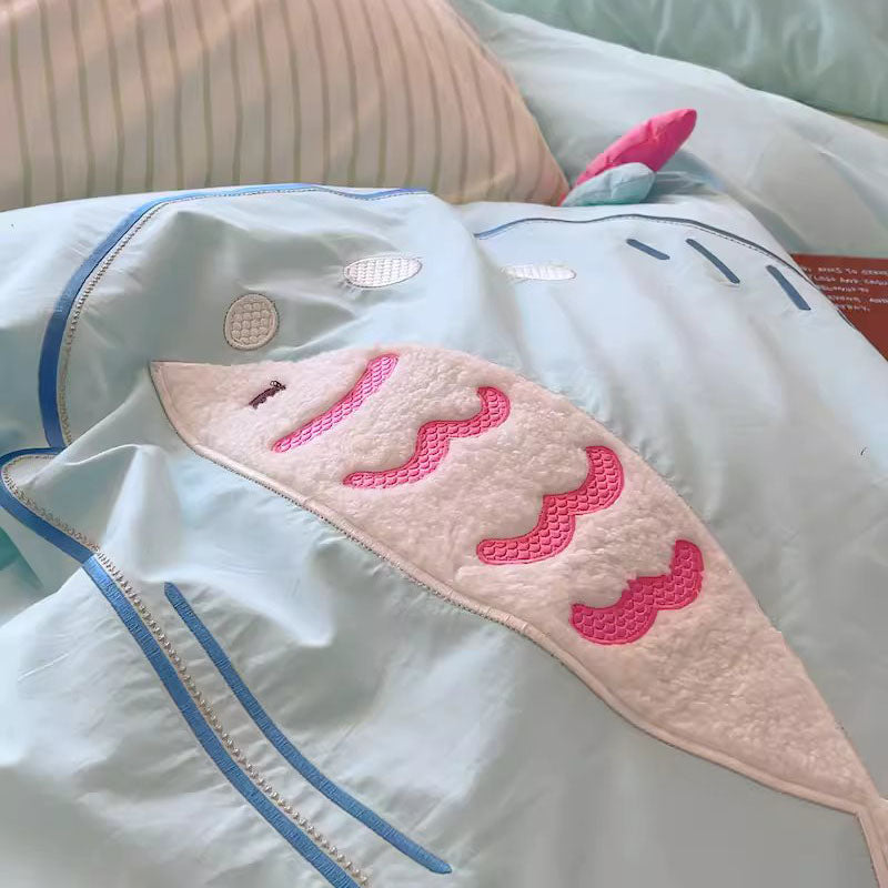 Cute Cartoon Fish Embroidered Washed Four-Piece Cotton Bed Set - Harmony Gallery