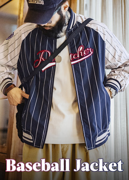 American Retro Striped Baseball Letter Embroidery Contrast Color Men's Jacket - Harmony Gallery
