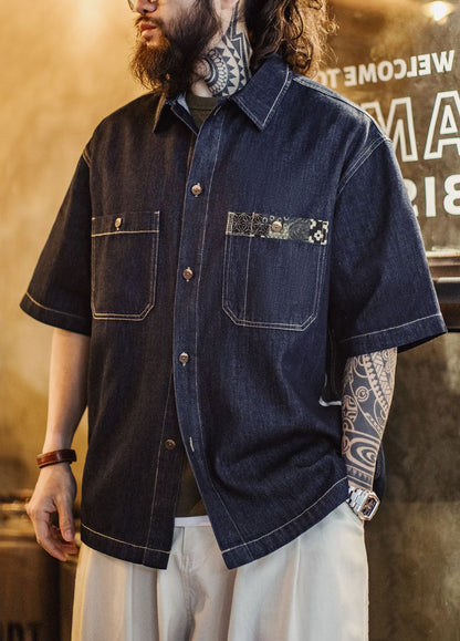 American Retro Boro Denim Resurgence Blue Dye Lapel Men's Shirt - Harmony Gallery