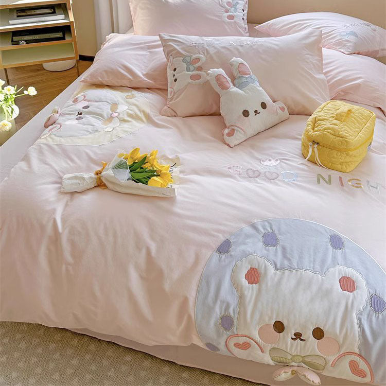 Cute Girly Bear Cub Washed Four-Piece Pure Cotton Bed Set - Harmony Gallery