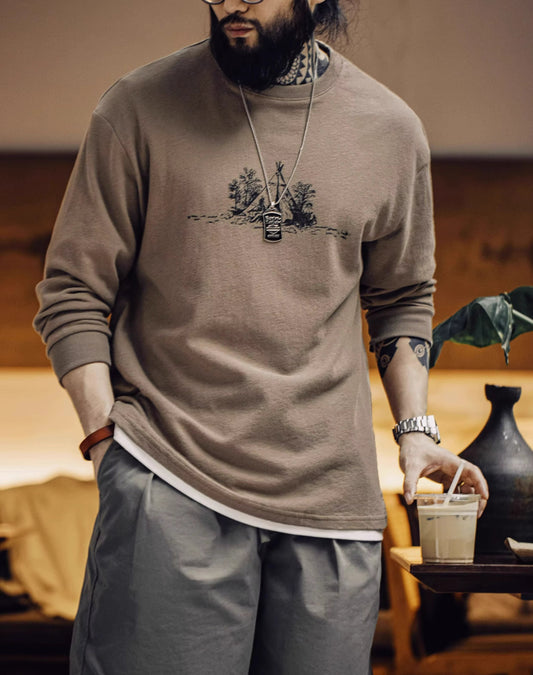 American Retro Camping Graffiti Printing Bottoming Men's Sweater - Harmony Gallery