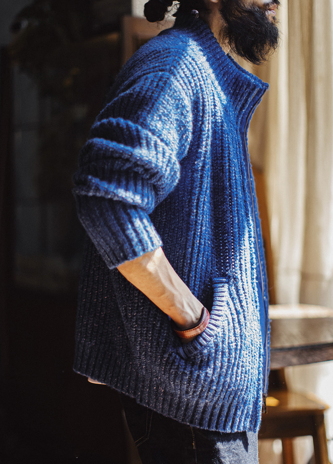 American Ice Blue Cardigan Thick High Neck Warm Knitwear Winter Men's Jacket - Harmony Gallery