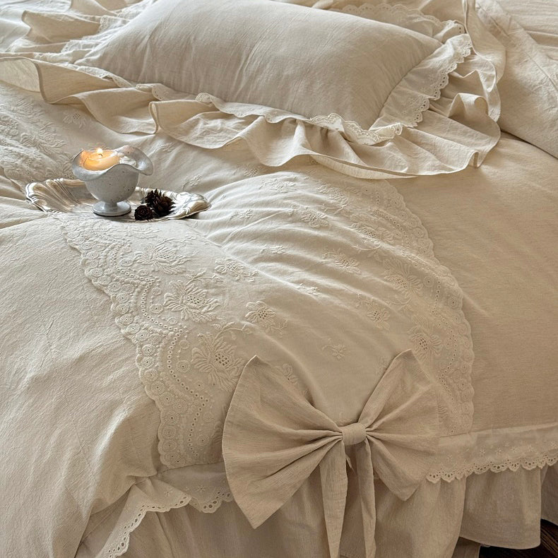 French Retro Romantic Cotton And Linen Blend Four-Piece Lace Trim Bow Bed Set - Harmony Gallery