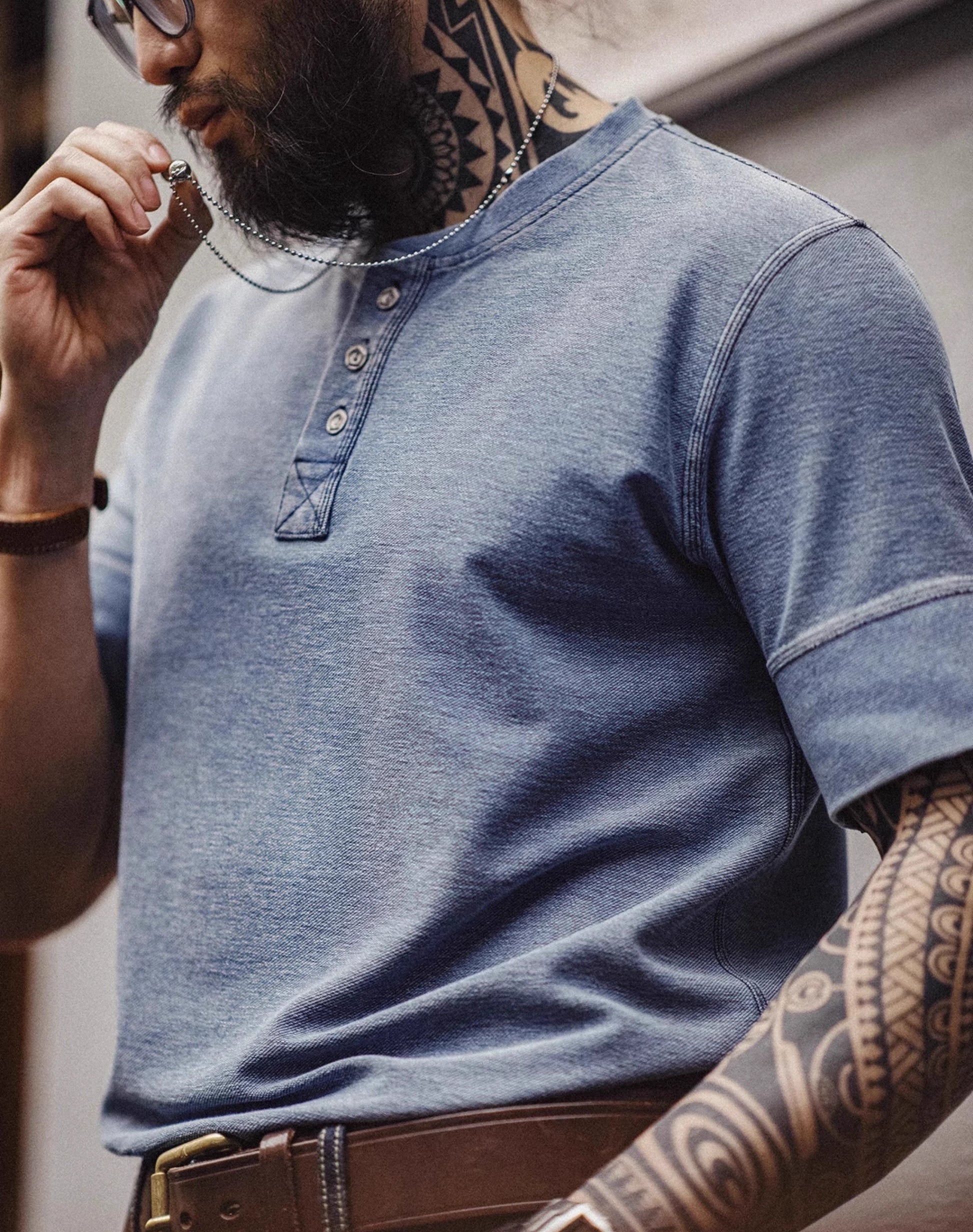 American Workwear Henry Retro Denim Washed Blue Men's T-Shirt - Harmony Gallery
