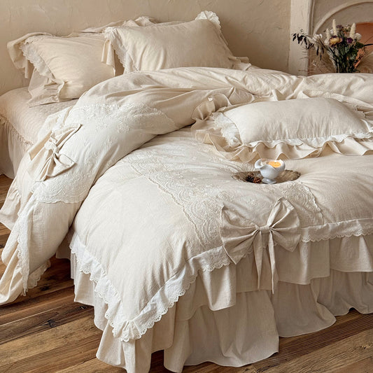 French Retro Romantic Cotton And Linen Blend Four-Piece Lace Trim Bow Bed Set - Harmony Gallery