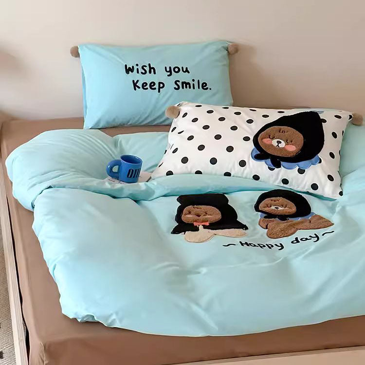 Cute Cartoon Bear Embroidered Washed Four-Piece Cotton Bed Set - Harmony Gallery
