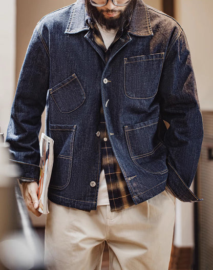 American Retro Workwear Denim Multi-Pocket Men's Jacket - Harmony Gallery
