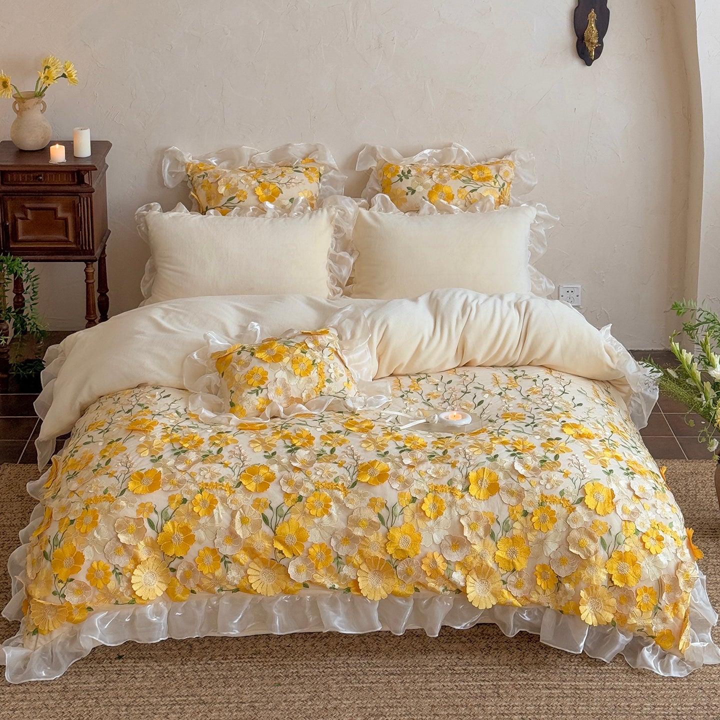 French Ruffled Winter Thickened Coral Fleece Warm Four-Piece  Bed Set - Harmony Gallery