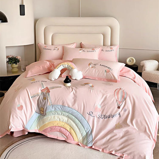 Cute Girly Heart Rainbow Pure Cotton Washed Four-Piece Bed Set - Harmony Gallery