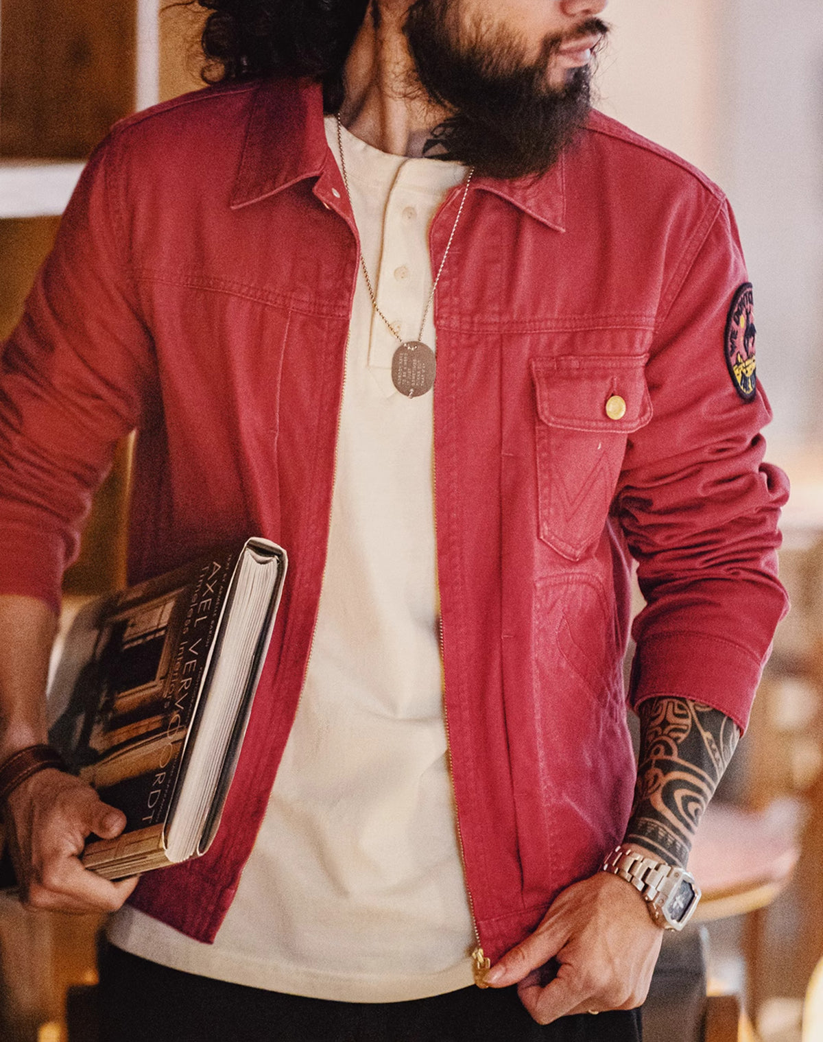 American Retro Heavy Embroidery Champion Red Slim Canvas Men's Jacket - Harmony Gallery