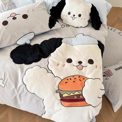 Cartoon Foodie Dog With Long Ears Washed Cotton Four-Piece Bed Set - Harmony Gallery