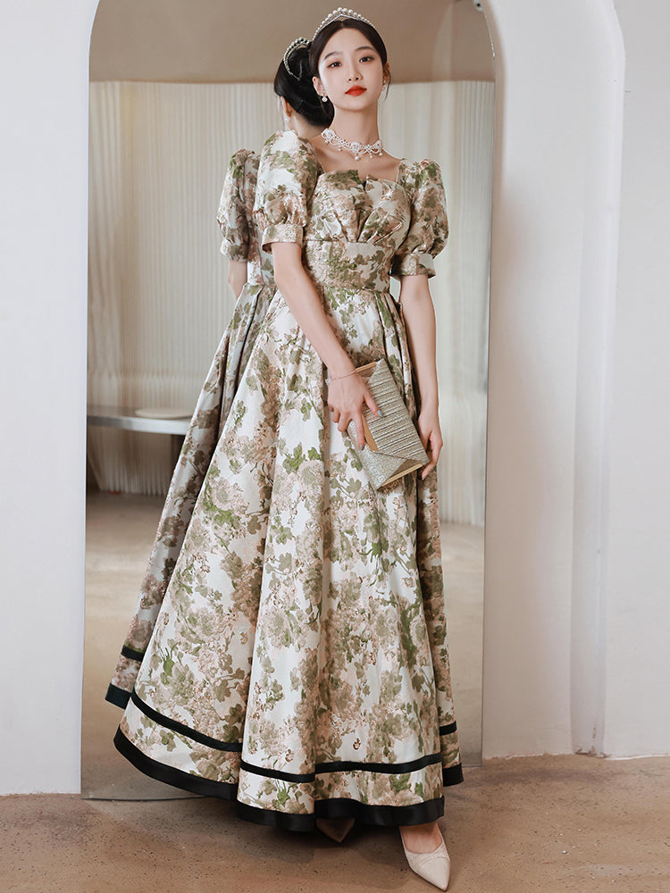Elegant Floral Print Puff Sleeve Ball Gown with Sweetheart Neckline - Harmony Gallery