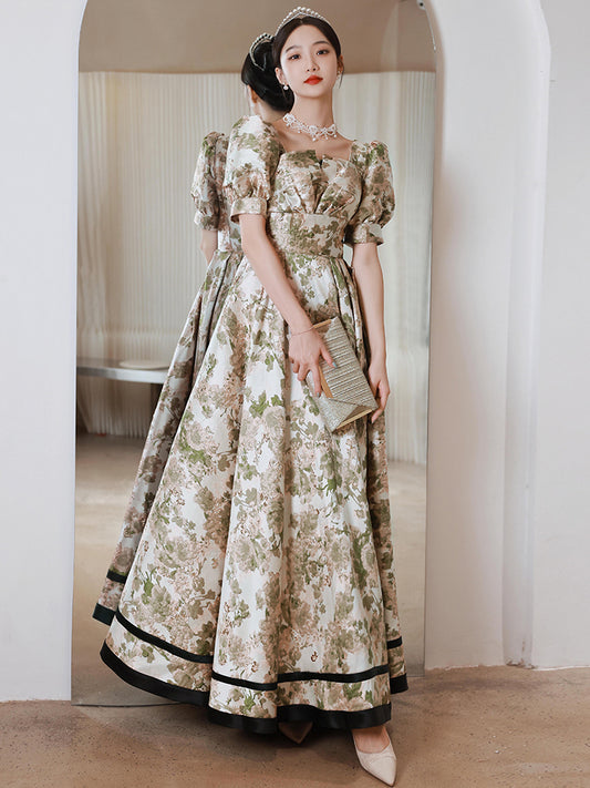 Elegant Floral Print Puff Sleeve Ball Gown with Sweetheart Neckline - Harmony Gallery