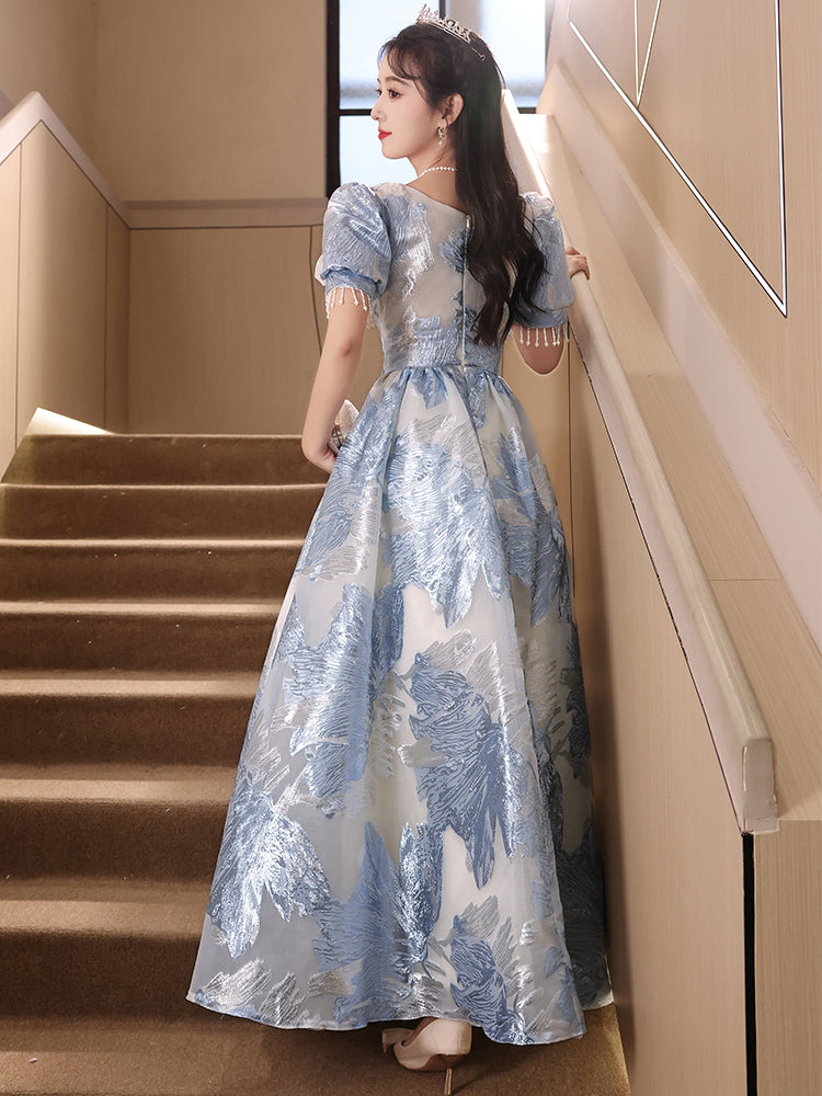 Elegant Blue Floral Embroidered Princess Ball Gown Dress with Puff Sleeves and Beaded Details - Harmony Gallery