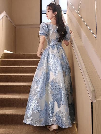 Elegant Blue Floral Embroidered Princess Ball Gown Dress with Puff Sleeves and Beaded Details - Harmony Gallery