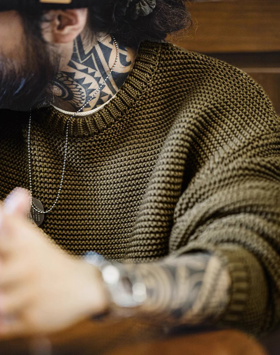 American Retro Heavy Texture Knitted Drop Shoulder Pullover Men's Sweater - Harmony Gallery