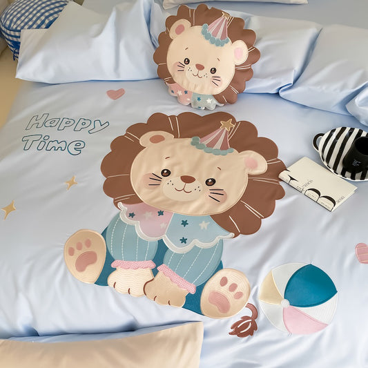 Cartoon Lion Embroidery Pure Cotton Long-Staple Four-Piece Bed Set