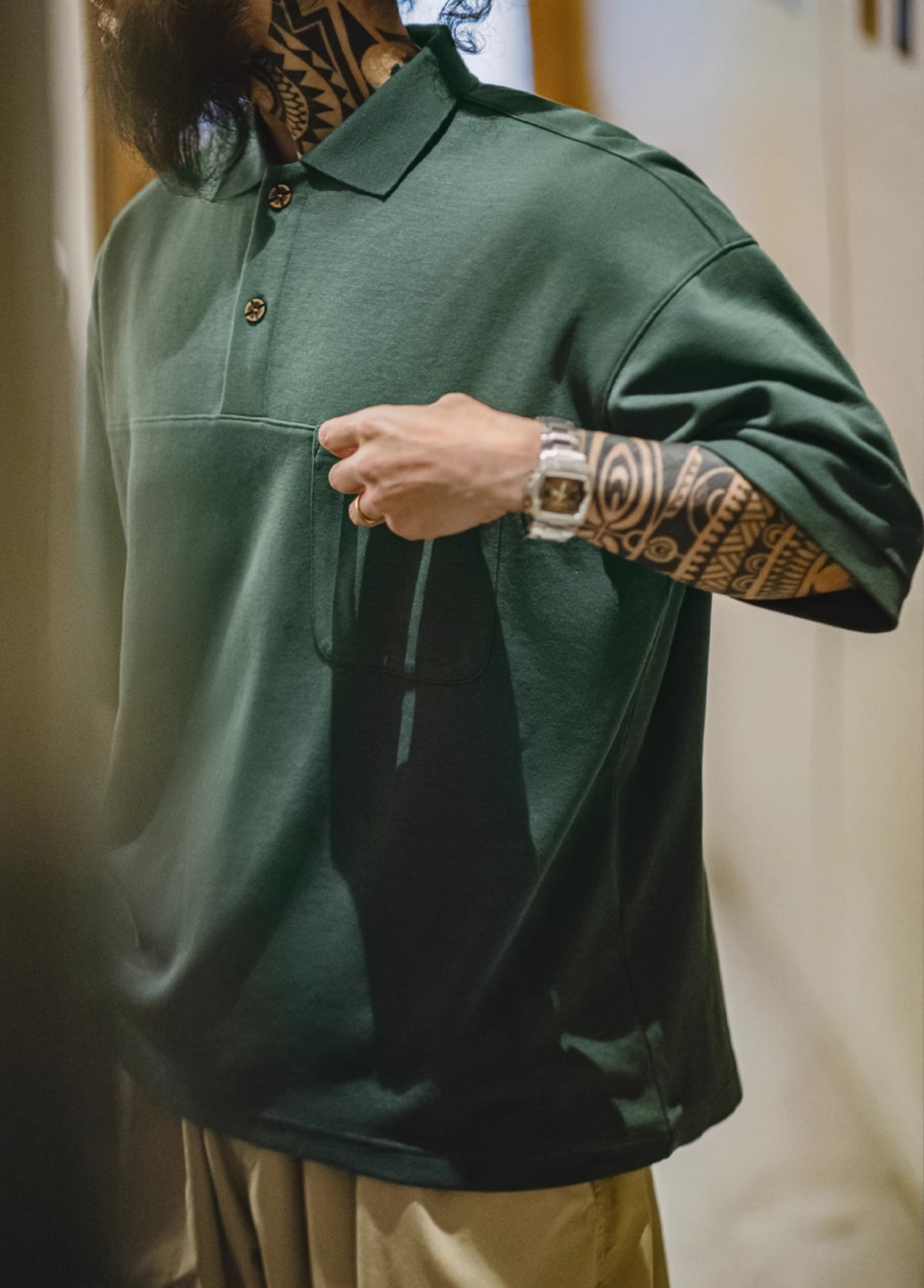 American Retro Mountain Green Polo Heavy Loose College Half Sleeve Men's T-Shirt - Harmony Gallery