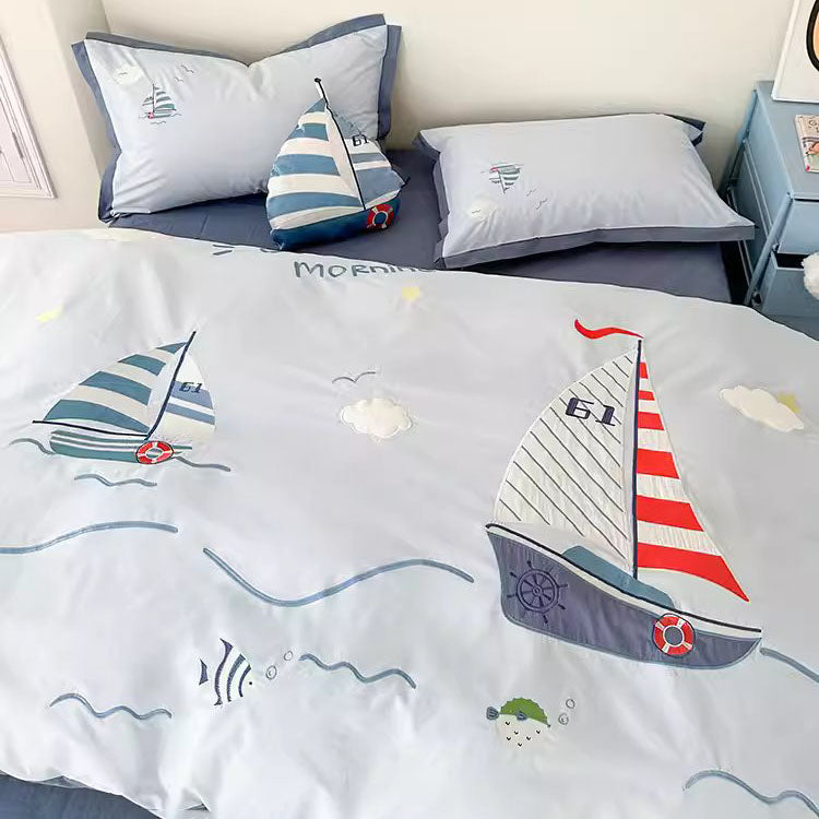 Cartoon Sailing Ship Washed Four-Piece Boys Pure Cotton Bed Set - Harmony Gallery