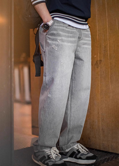 American Retro Washed Old Gray Ripped Cat Whisker Logging Men's Jeans - Harmony Gallery
