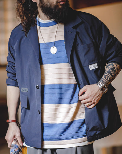 American Retro Contrast Color Striped Knitted Draped Men's T-Shirt - Harmony Gallery