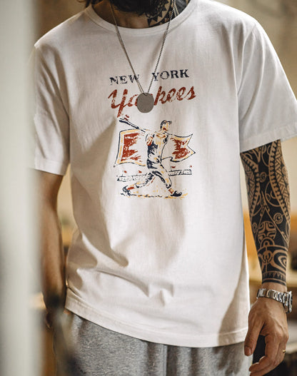 American Retro Baseball Letters Printed Cotton Bottoming Men's T-Shirt - Harmony Gallery