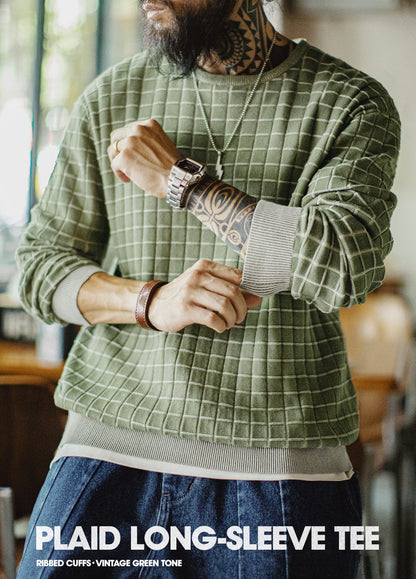 American Retro Vintage Plaid Crew Neck Knitted Pullover Men's Sweater
