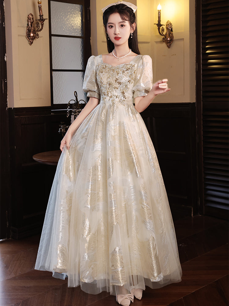 Vintage Gold and Cream Puff Sleeve Ball Gown with Floral Embroidery - Harmony Gallery