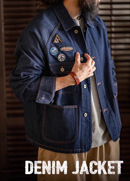 American Retro Embroidered Badge Denim Heavy Washed Men's Jacket - Harmony Gallery