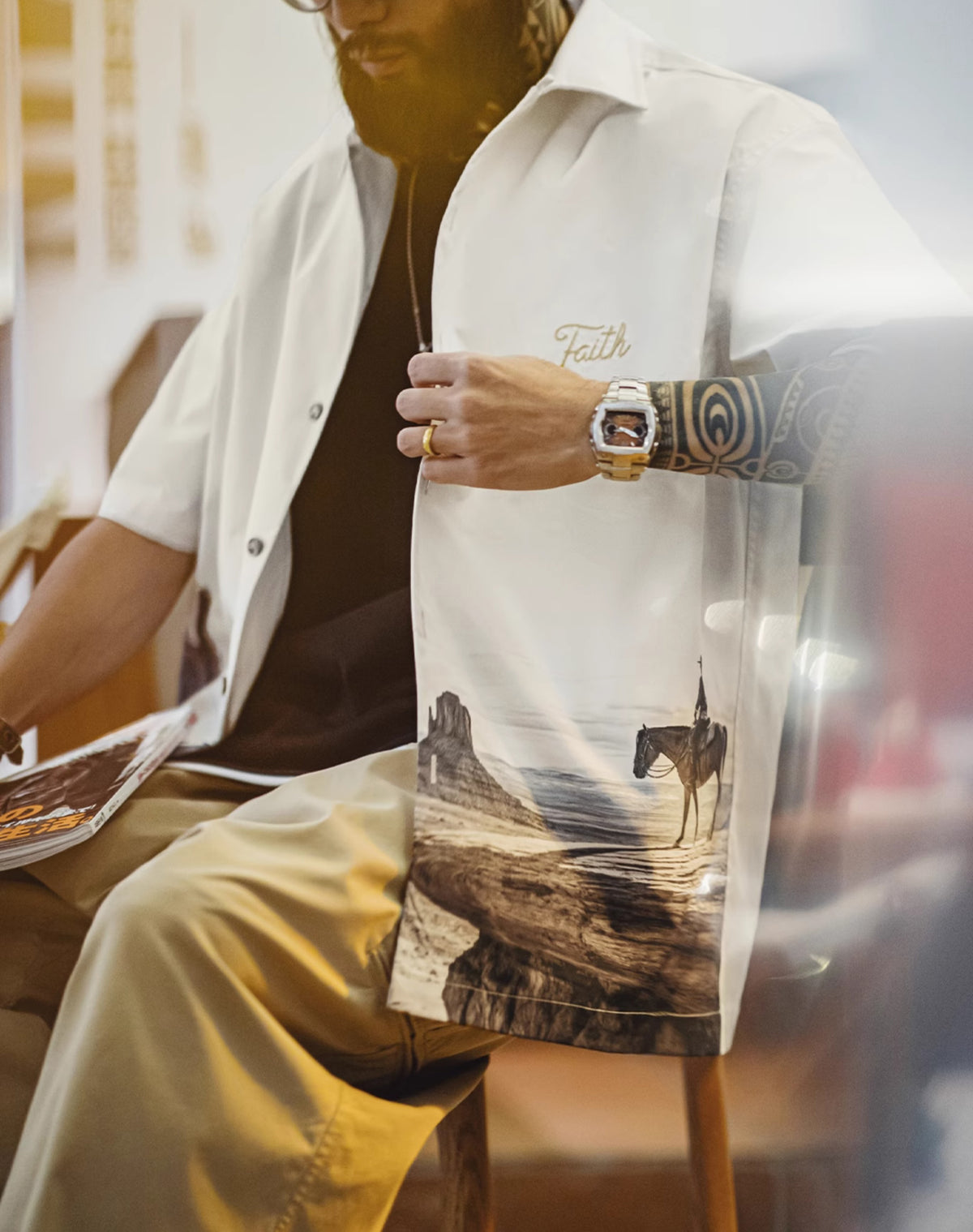 American Retro Monument Valley Cuban Collar Short-Sleeved Printed Men's Shirt - Harmony Gallery