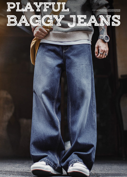 American Retro Washed Curved Denim Flowing Floor-Length Men's Jeans