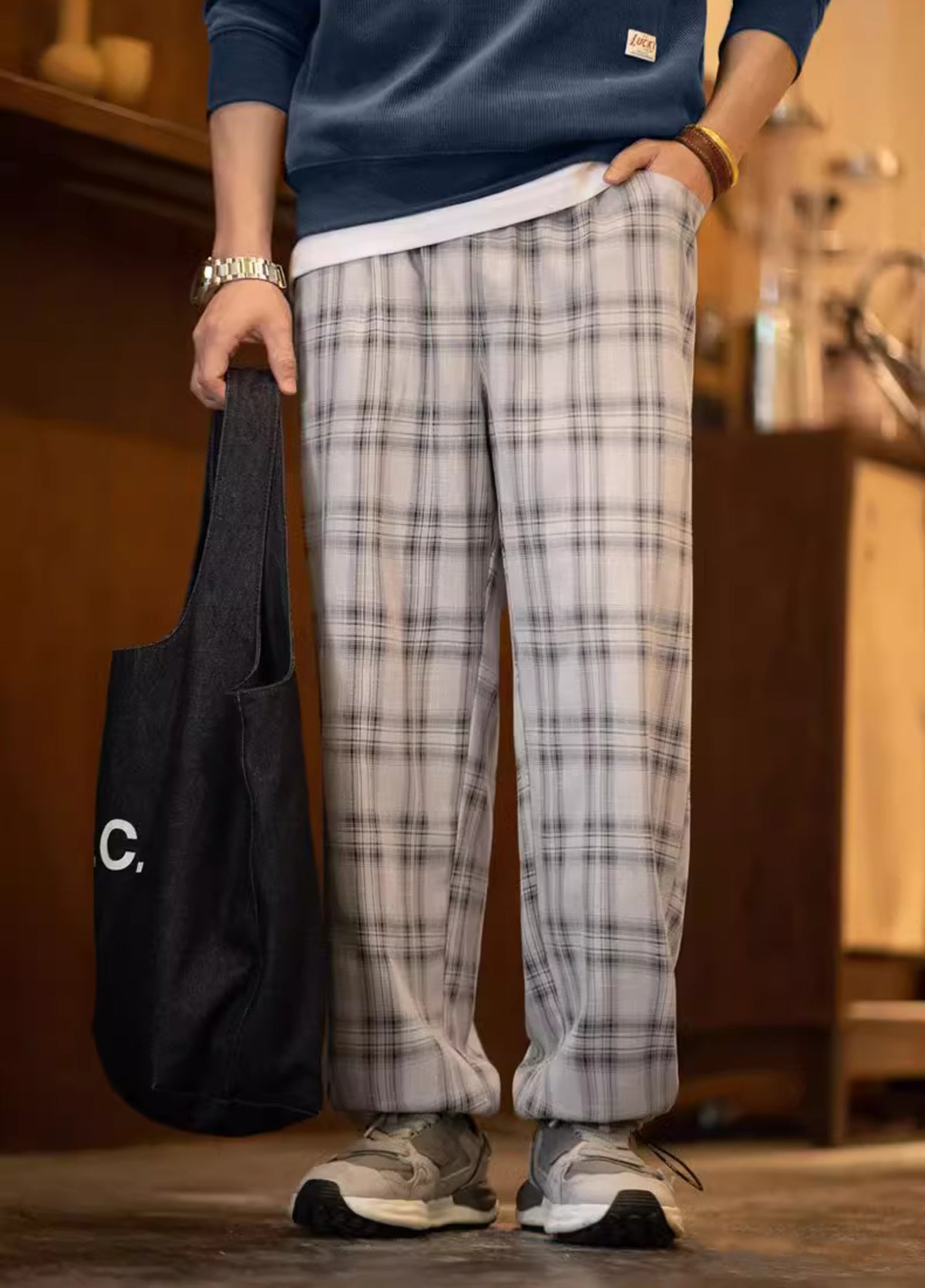 American Retro Wide-Leg Plaid Thin Drawstring Straight Men's Trousers - Harmony Gallery