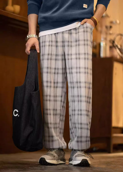 American Retro Wide-Leg Plaid Thin Drawstring Straight Men's Trousers - Harmony Gallery