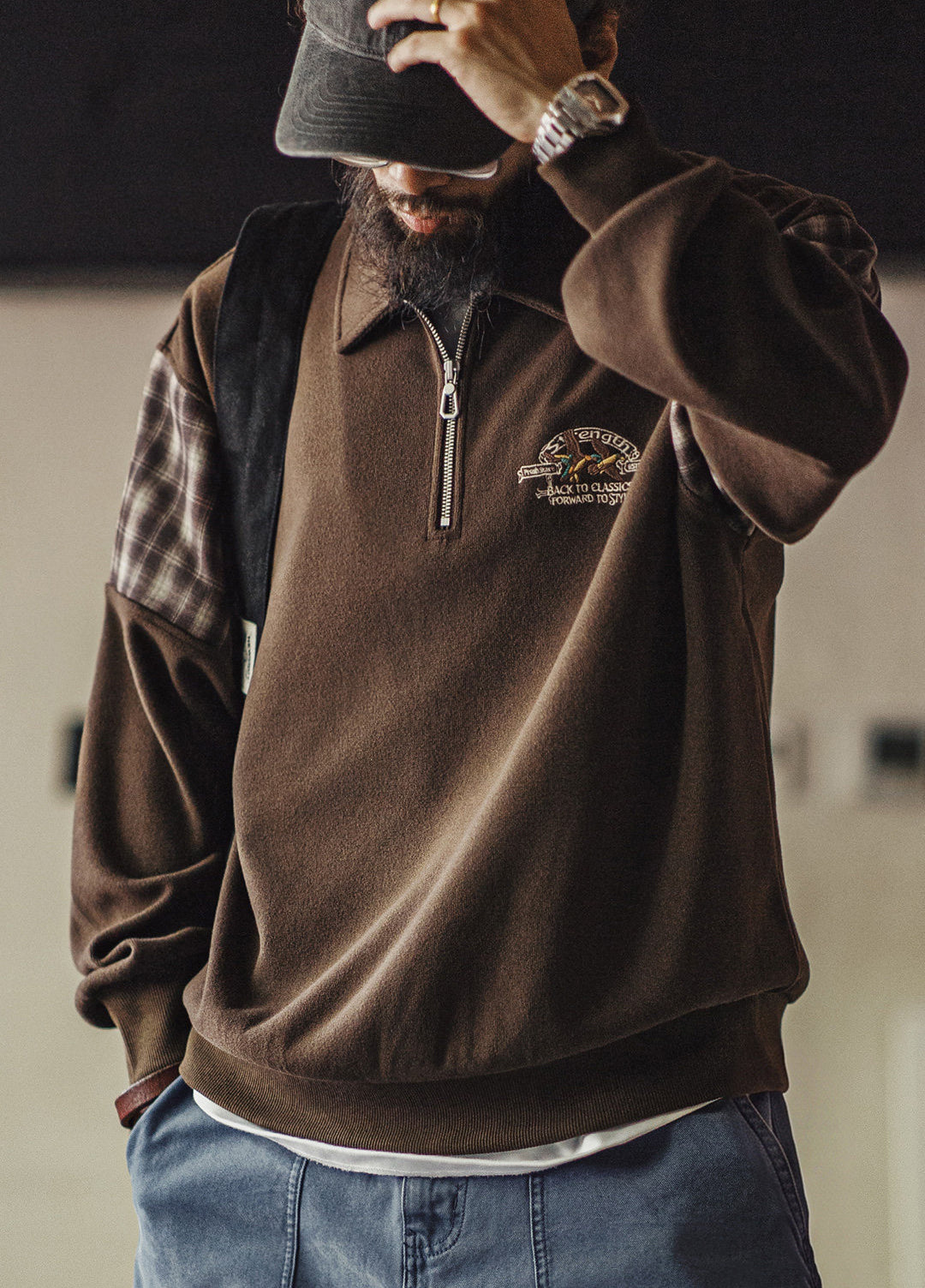 American Patchwork Embroidery Half-Open Zipper Hoodless Men's Sweater - Harmony Gallery