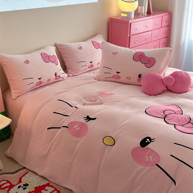 Children's Hello Kitty Little Milk Fleece Cartoon Winter Four-Piece Bed Set - Harmony Gallery