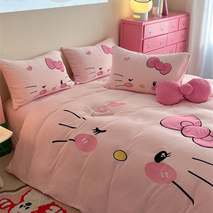 Children's Hello Kitty Little Milk Fleece Cartoon Winter Four-Piece Bed Set - Harmony Gallery