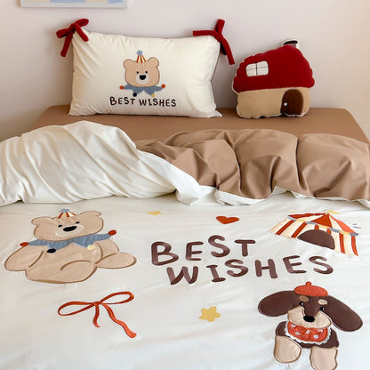 Cartoon Circus Bear Embroidery Pure Cotton Long Staple Four-Piece Bed Set - Harmony Gallery