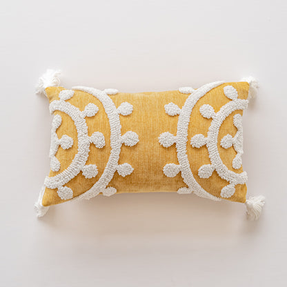 Golden Elegance Tassel Accent White Embroidered Scrollwork Throw Pillows - Harmony Gallery