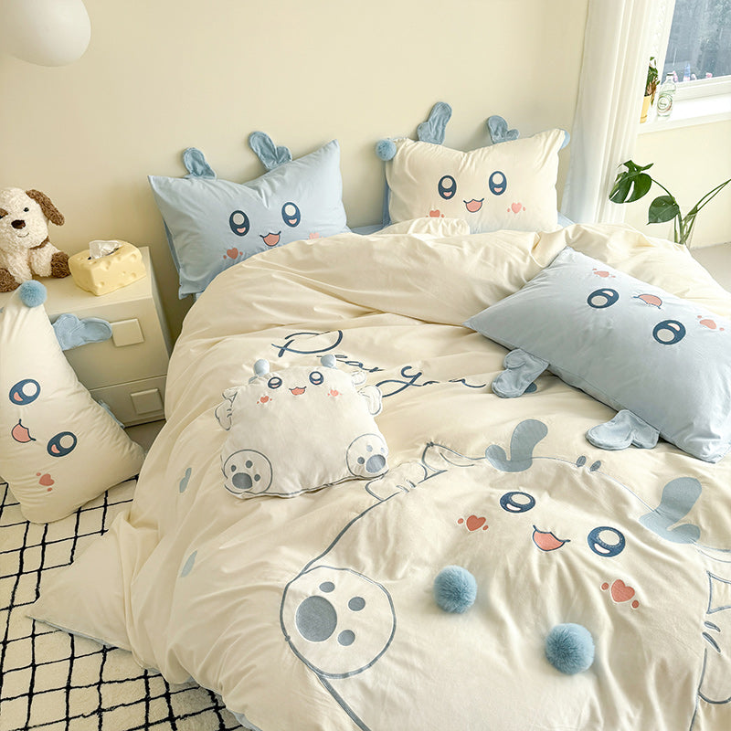 Cartoon Cute Little Fat Dragon Pure Cotton Washed Four-Piece Bed Set - Harmony Gallery