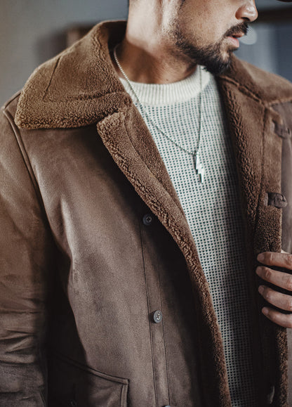 American Retro B7 Suede Parka Mid-Length Faux Lambswool Thickened Men's Coat - Harmony Gallery