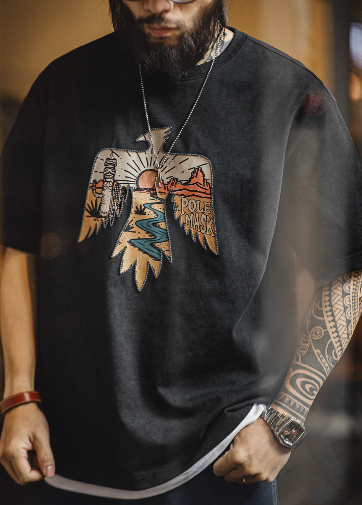 American Retro Thunderbird Cotton Heavy Ethnic Embroidery Print Men's T-Shirt - Harmony Gallery