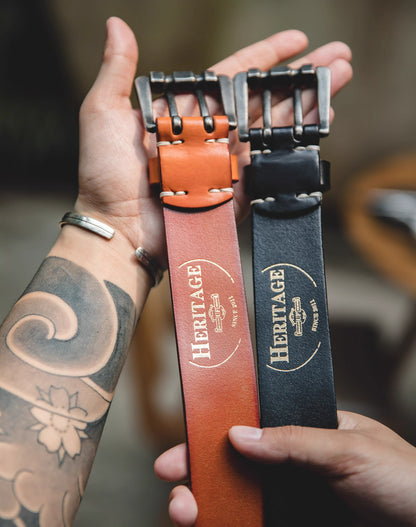 American Cowhide Tanned Double-Pin Buckle Tough Guy Men's Belt - Harmony Gallery