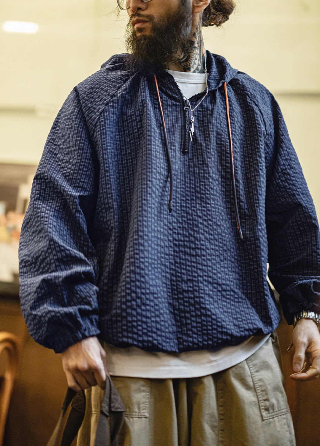 American Retro Half-Zip Hooded With Textured Lightweight Men's Sweater - Harmony Gallery