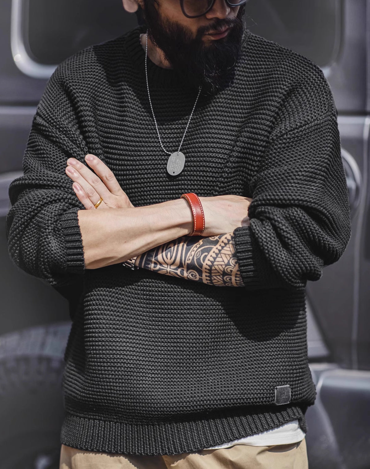 American Retro Heavy Texture Knitted Drop Shoulder Pullover Men's Sweater - Harmony Gallery