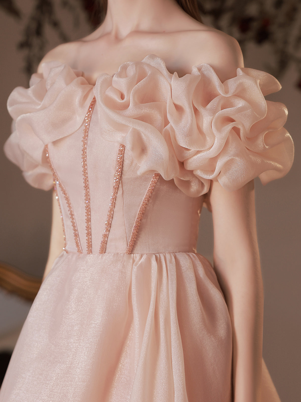 Fairytale Blush Pink Off-Shoulder Ball Gown with Ruffled Bodice - Harmony Gallery