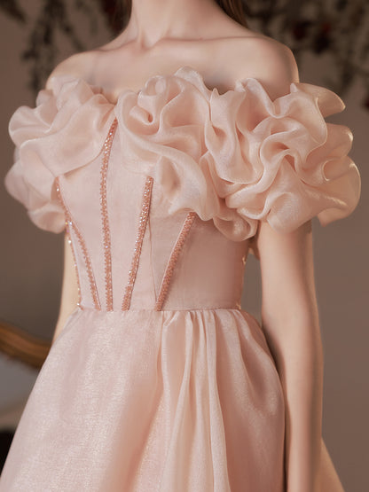 Fairytale Blush Pink Off-Shoulder Ball Gown with Ruffled Bodice - Harmony Gallery