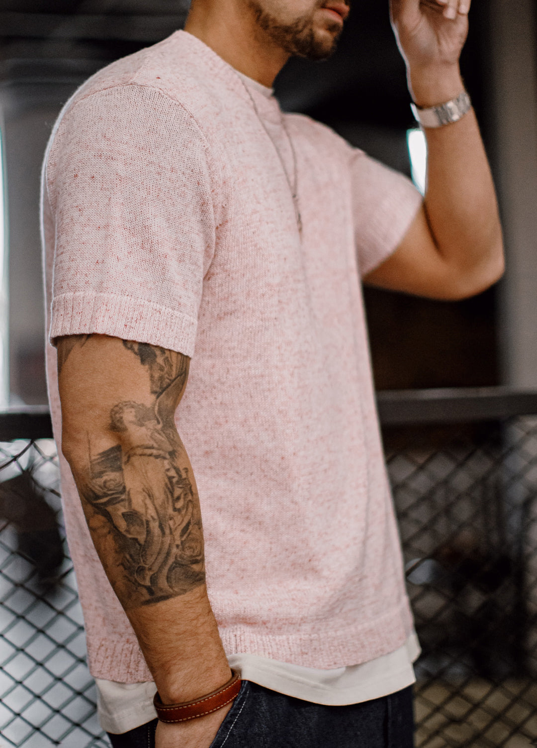 American Mottled Pink Knitted Drape Breathable Thin Threaded Neckline Men's T-Shirt - Harmony Gallery